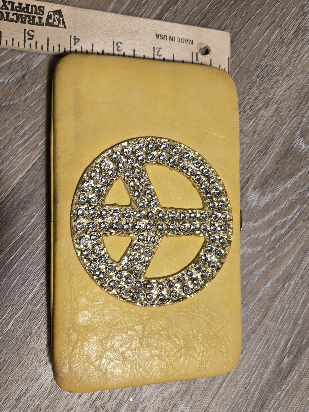 Vintage Yellow Crystal Peace Sign Clutch Wallet With Bling - Women Accessories